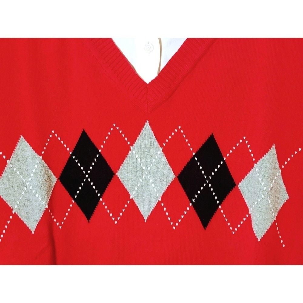 Y2K Cotton Argyle Sweater‎ Red Black French Cuff & Collar Layered Style - Large - Picture 7 of 8
